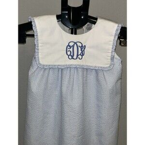 Cecil & Lou Girls Size 5 Blue White Seersucker Monogram Bib Collar Dress Spring